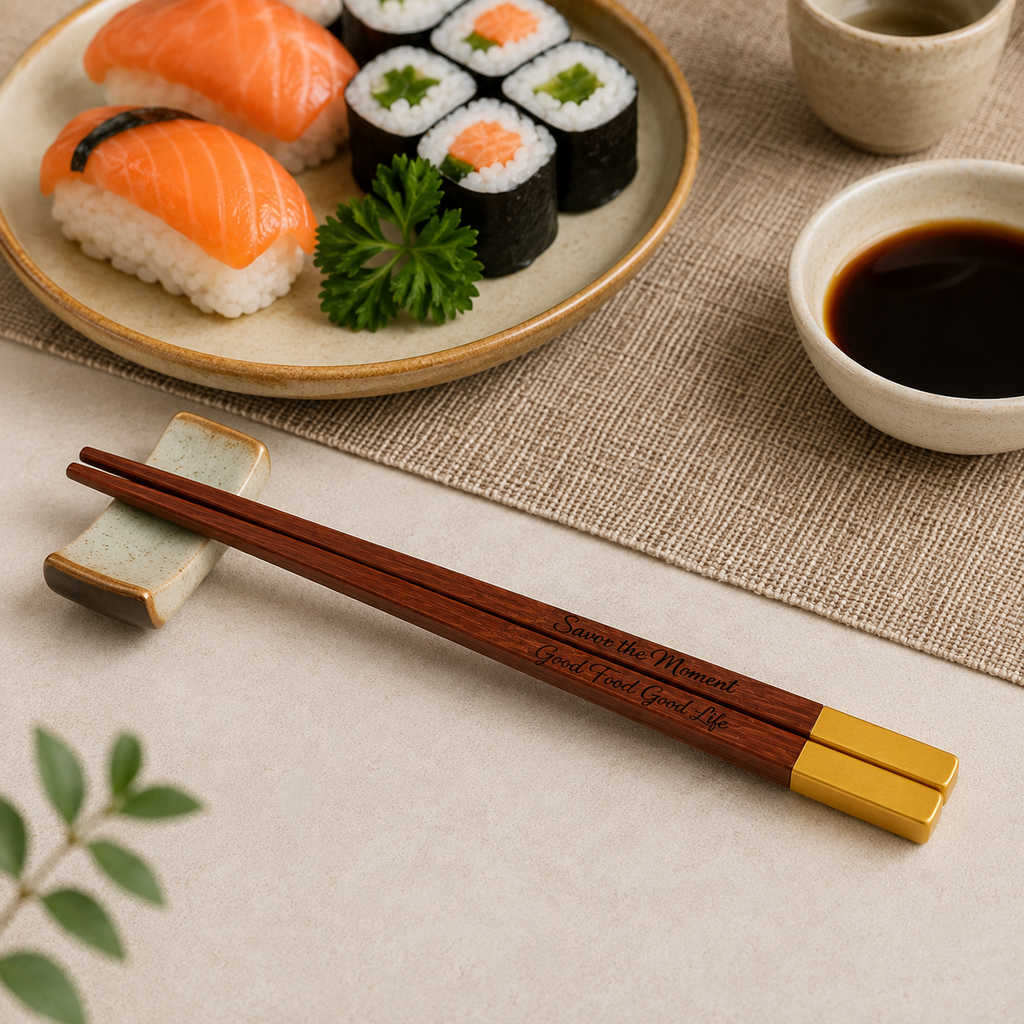 Personalized wooden chopsticks with gold metal tips resting on a ceramic chopstick holder, set on a beige table runner with a plate of sushi and a small bowl of soy sauce in the background.
