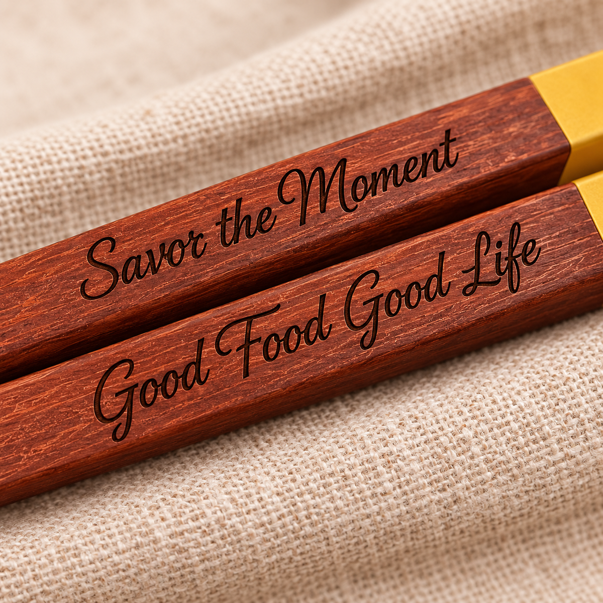Two engraved wooden chopsticks with yellow handles resting on a textured beige fabric background. The chopsticks feature the phrases 'Savor the Moment' and 'Good Food Good Life' engraved on the wood.