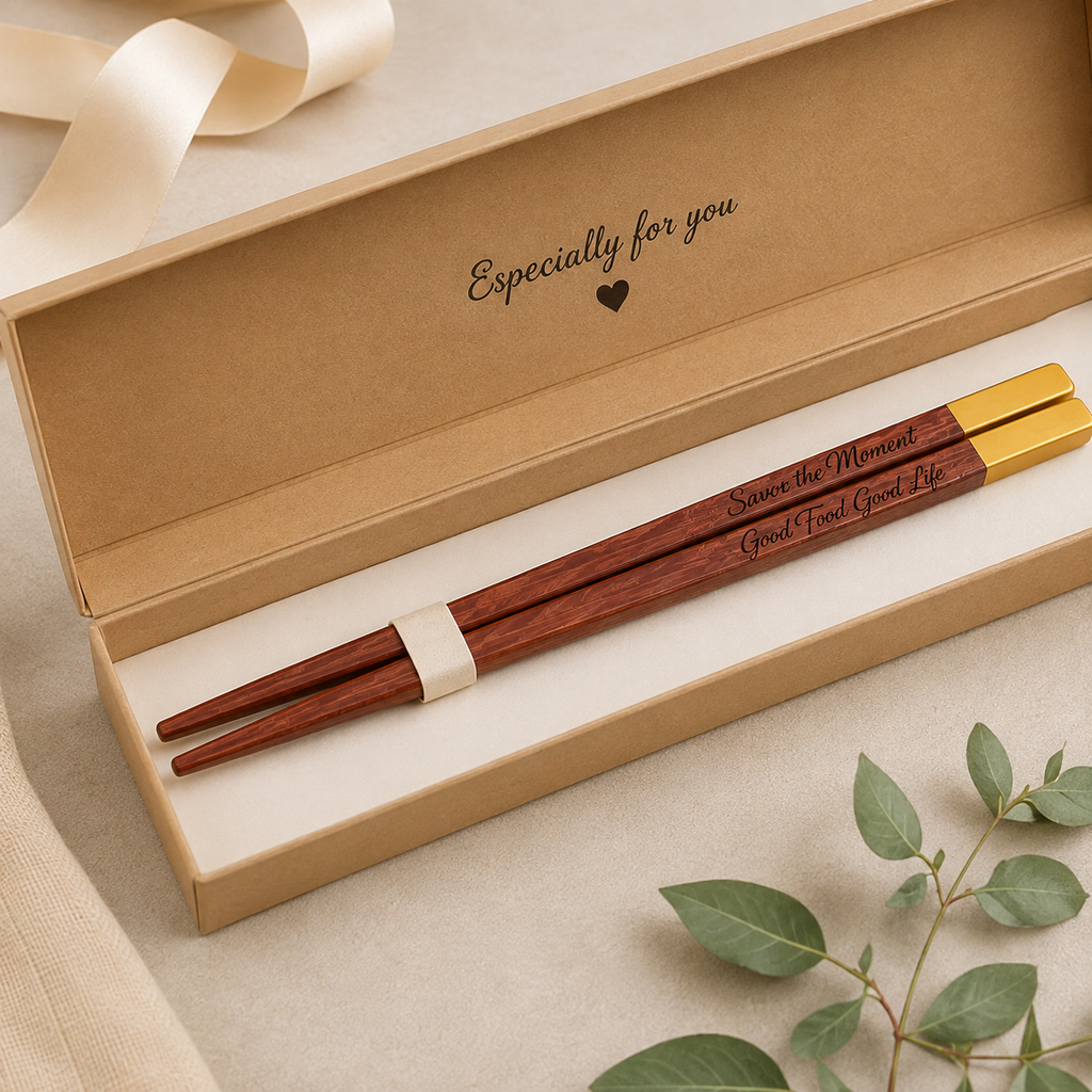 Personalized wooden chopsticks with gold metal tips and a cream band, presented in a kraft gift box with the message 'Especially for you' on the inside lid.