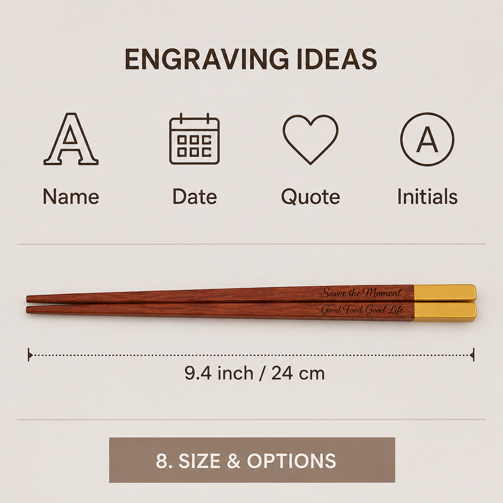 A size and options graphic for engraved wooden chopsticks. The image shows a pair of reddish-brown wooden chopsticks with gold metal tips and engraved text, under the heading 'ENGRAVING IDEAS' with icons for Name, Date, Quote, and Initials.