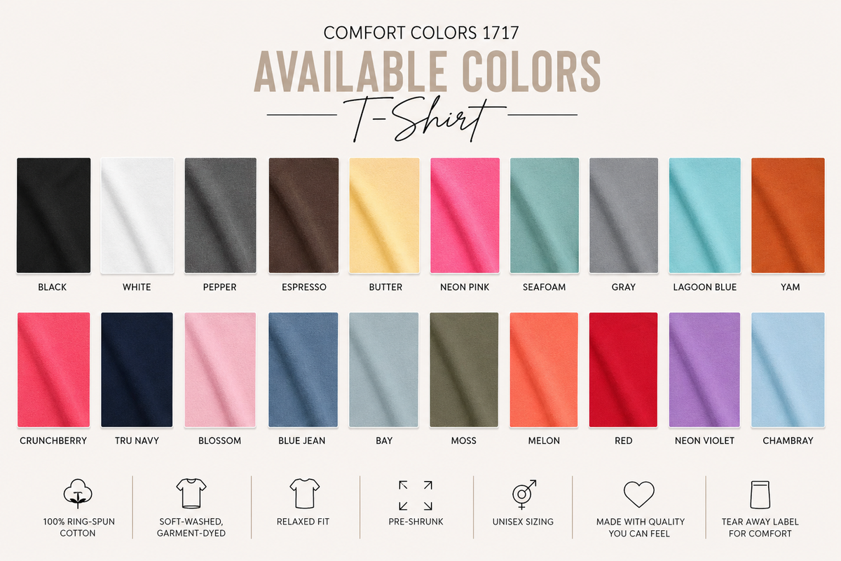 A color options chart for Comfort Colors 1717 T-shirts, displaying 20 different fabric color swatches in a grid with names like Black, White, Peppers, Butter, Neon Pink, and Yam. The chart includes icons at the bottom detailing product features such as 100% ring-spun cotton and relaxed fit.