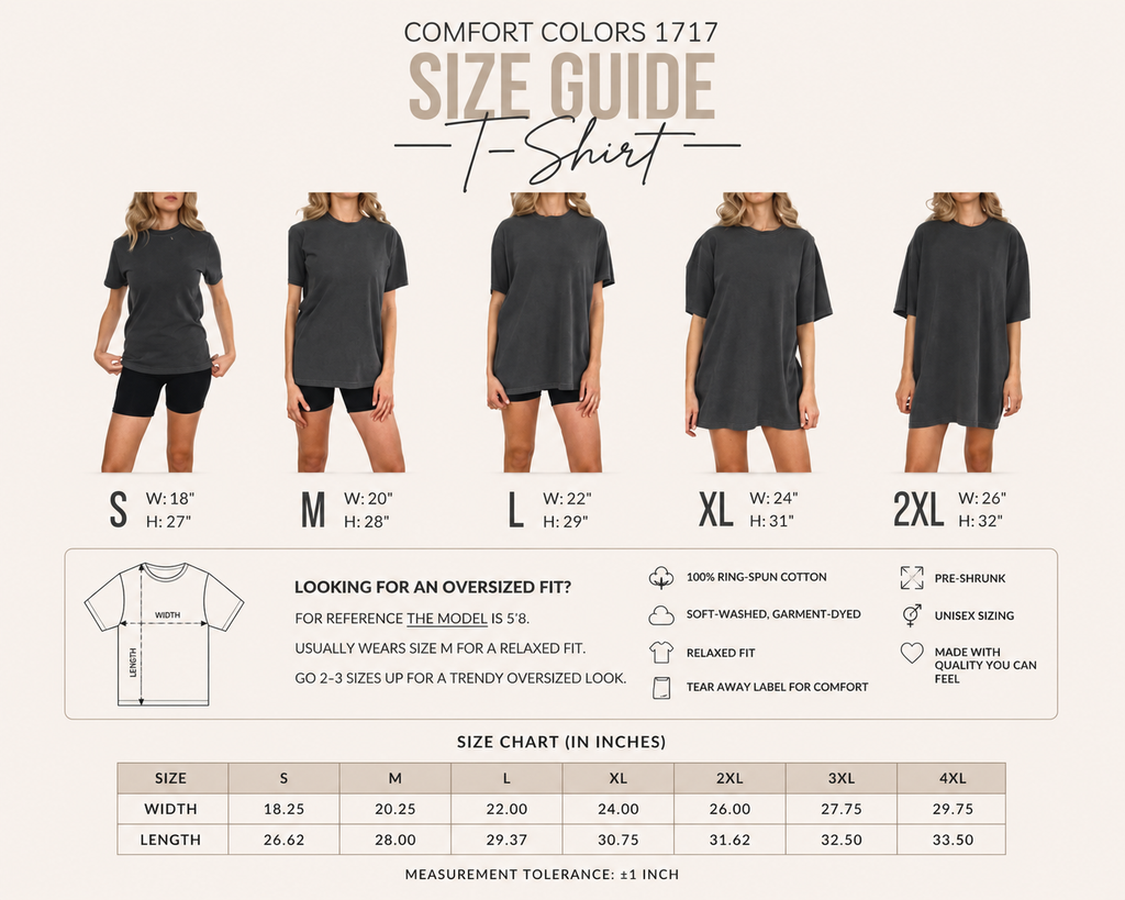 A Comfort Colors size guide infographic for the 1717 T-shirt. The top section shows four models wearing the black t-shirt from S to 2XL, with height and width measurements listed below each model.