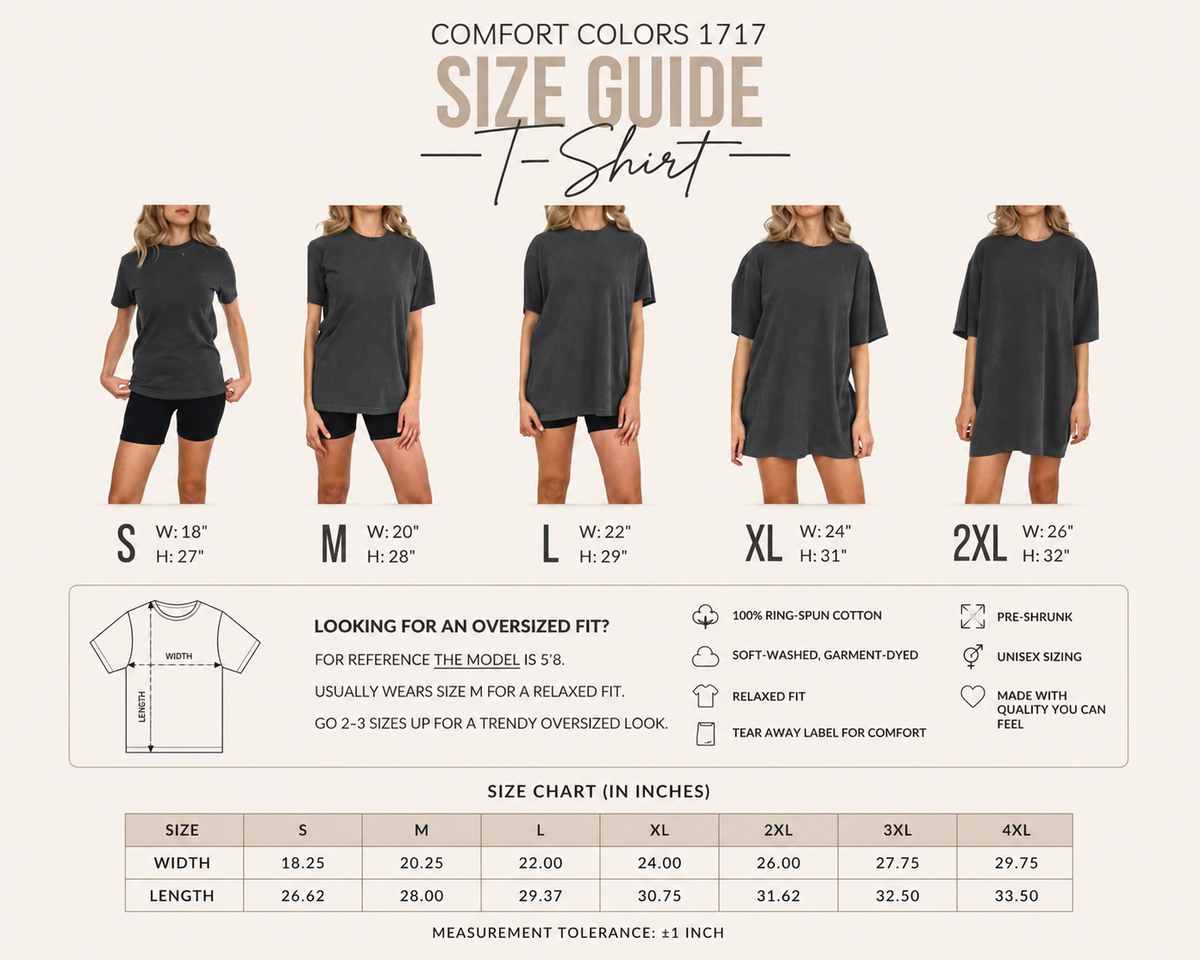 A Comfort Colors size guide infographic for the 1717 T-shirt. The top section shows four models wearing the black t-shirt from S to 2XL, with height and width measurements listed below each model.