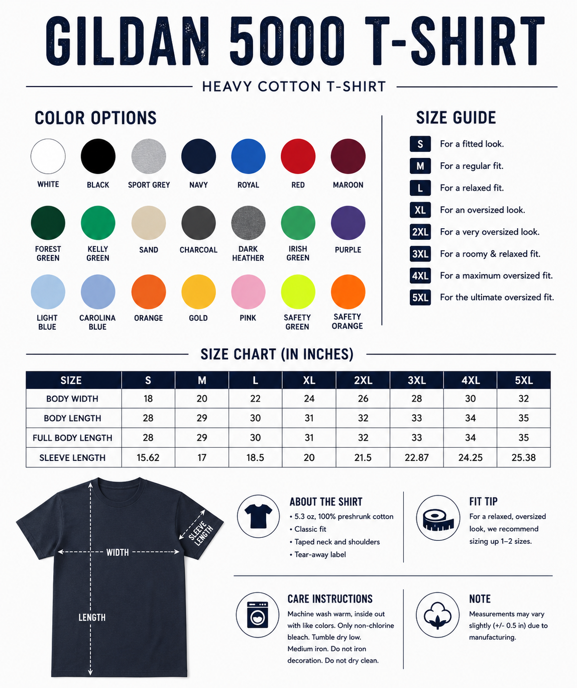 A sizing and color guide infographic for a Gildan 5000 Heavy Cotton T-Shirt. The graphic features a color options grid with various shirt colors, a size guide from S to 5XL, a size chart in inches, a flat-lay illustration of a black t-shirt showing measurements, and care instructions.