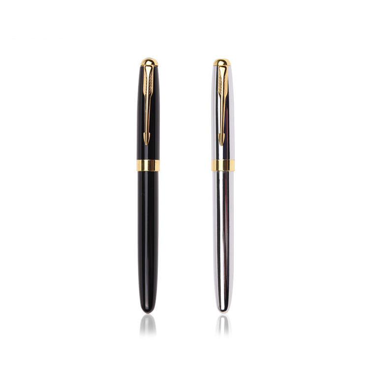 Two slim ballpoint pens shown upright on a white background, one in glossy black with gold trim and one in polished silver with gold trim.
