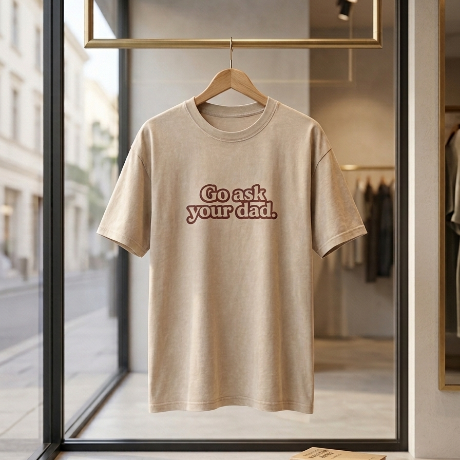 Beige t-shirt with 'Go ask your dad' text on a hanger in a store window.