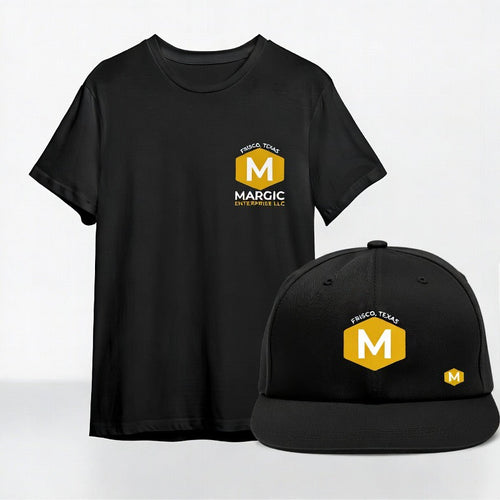 Black t-shirt, cap, and mug with a yellow and white logo on a white background