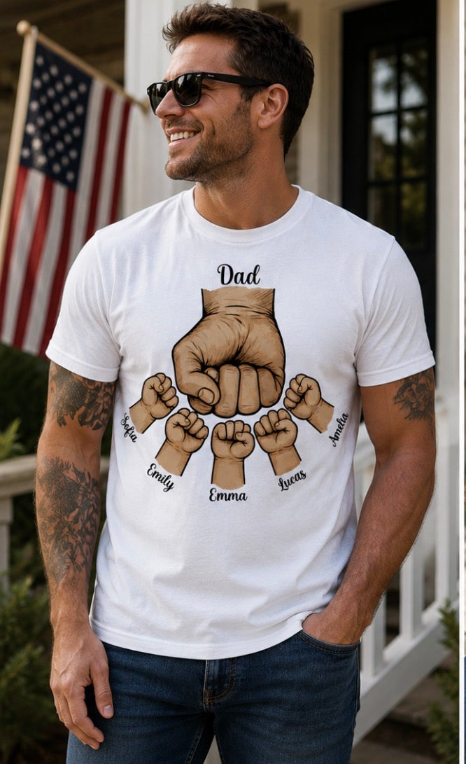 Custom Dad Fist Bump t-shirt personalized with kids' names. Each fist represents a child. DTF printed in Texas. The Father's Day gift he'll treasure.
