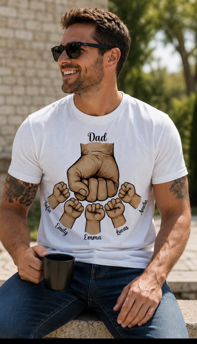 Custom Dad Fist Bump t-shirt personalized with kids' names. Each fist represents a child. DTF printed in Texas. The Father's Day gift he'll treasure.