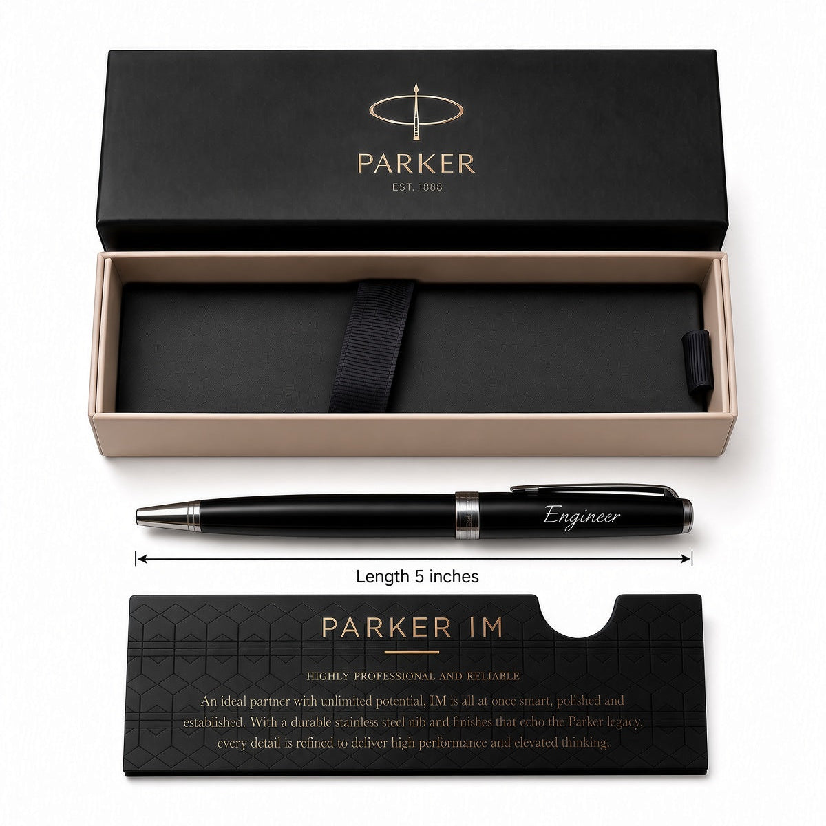 Parker IM ballpoint pen in black with silver trim, shown with its open black presentation box, black storage pouch, and branded card on a white background. The pen is labeled 'Engineer' and dimension text indicates 5 inches length.