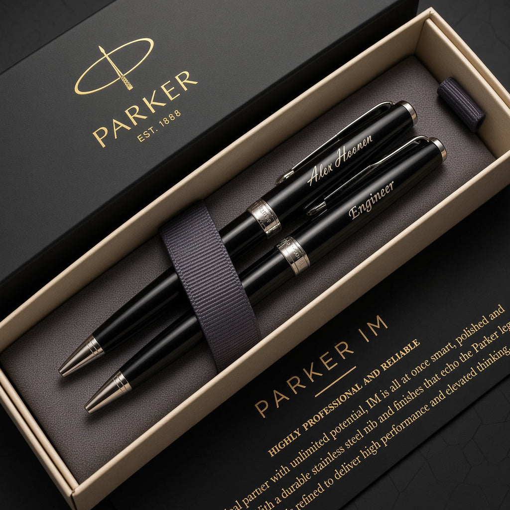 Parker IM ballpoint pen set in a premium presentation box, featuring two black pens with silver accents and gold lettering, alongside a black branded box and a printed insert card on a dark background.