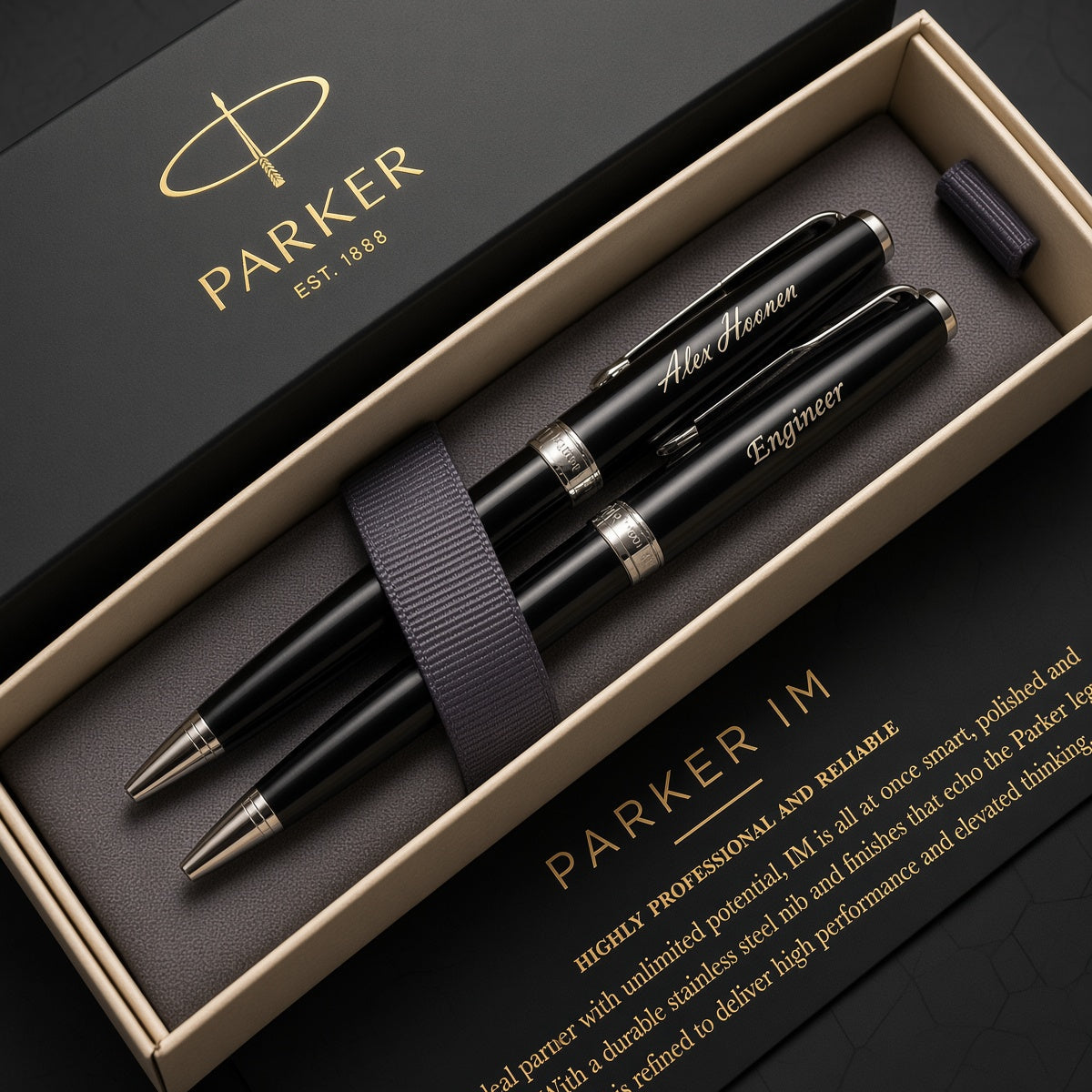 Parker IM ballpoint pen set in a premium presentation box, featuring two black pens with silver accents and gold lettering, alongside a black branded box and a printed insert card on a dark background.