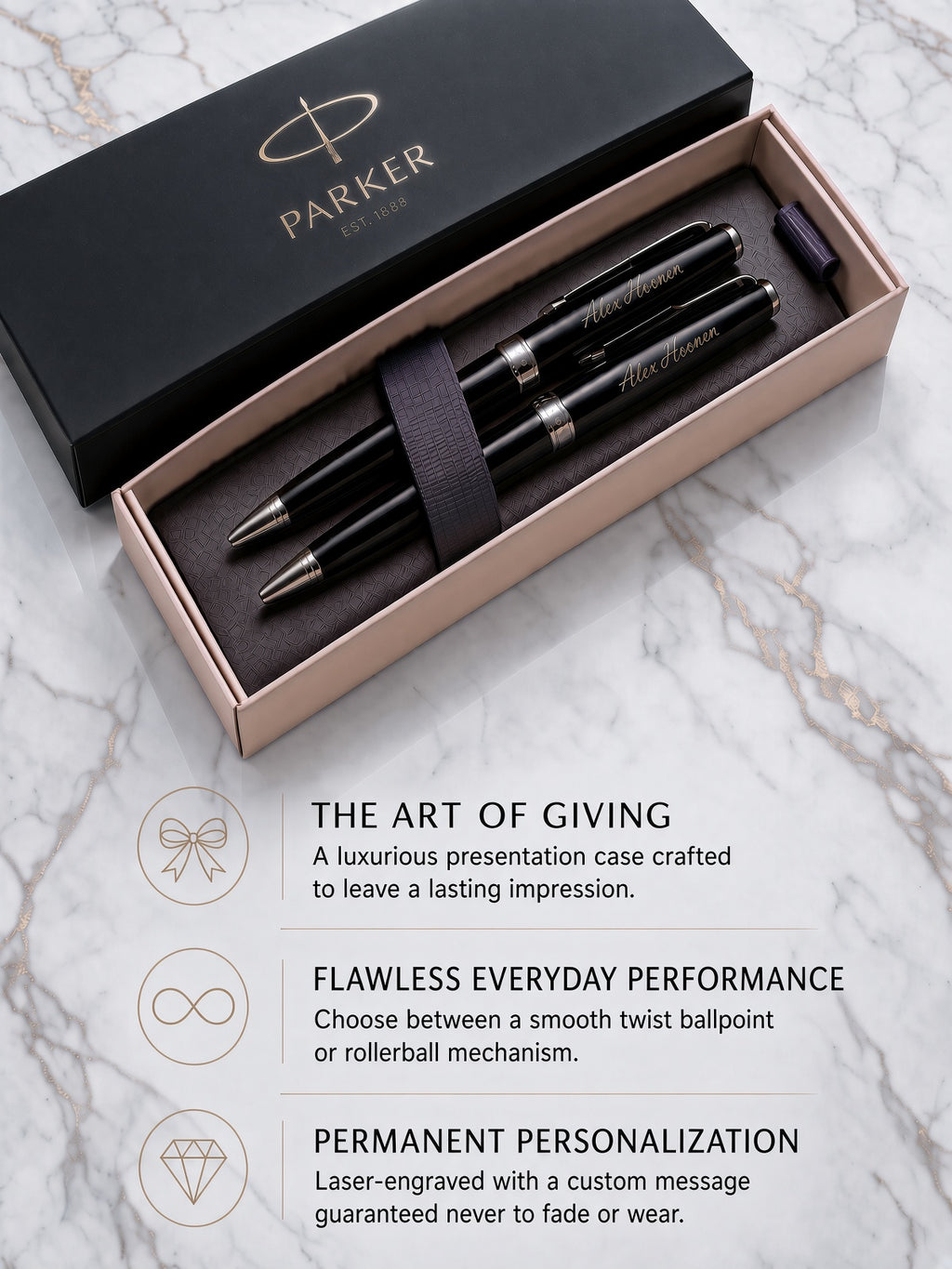 Parker personalized ballpoint pen set in a luxury presentation box on a marble background, with descriptive text below highlighting features.