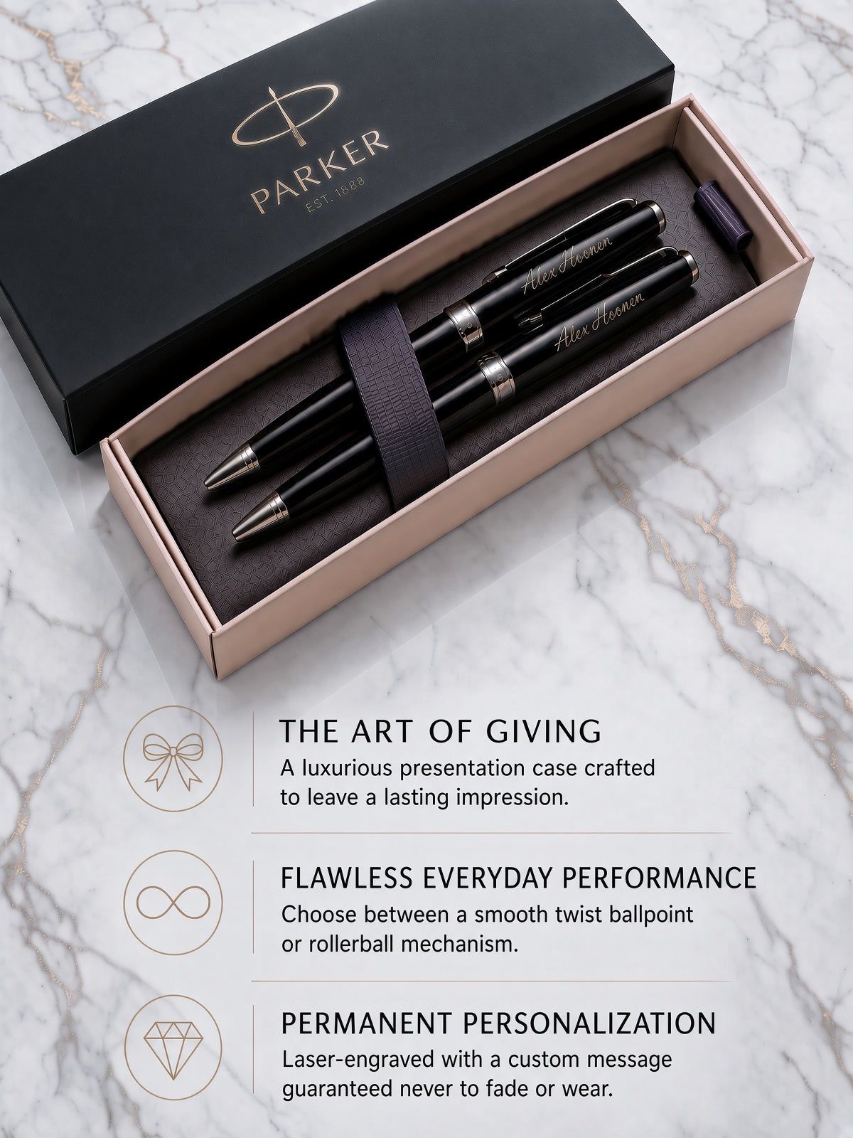 Parker personalized ballpoint pen set in a luxury presentation box on a marble background, with descriptive text below highlighting features.