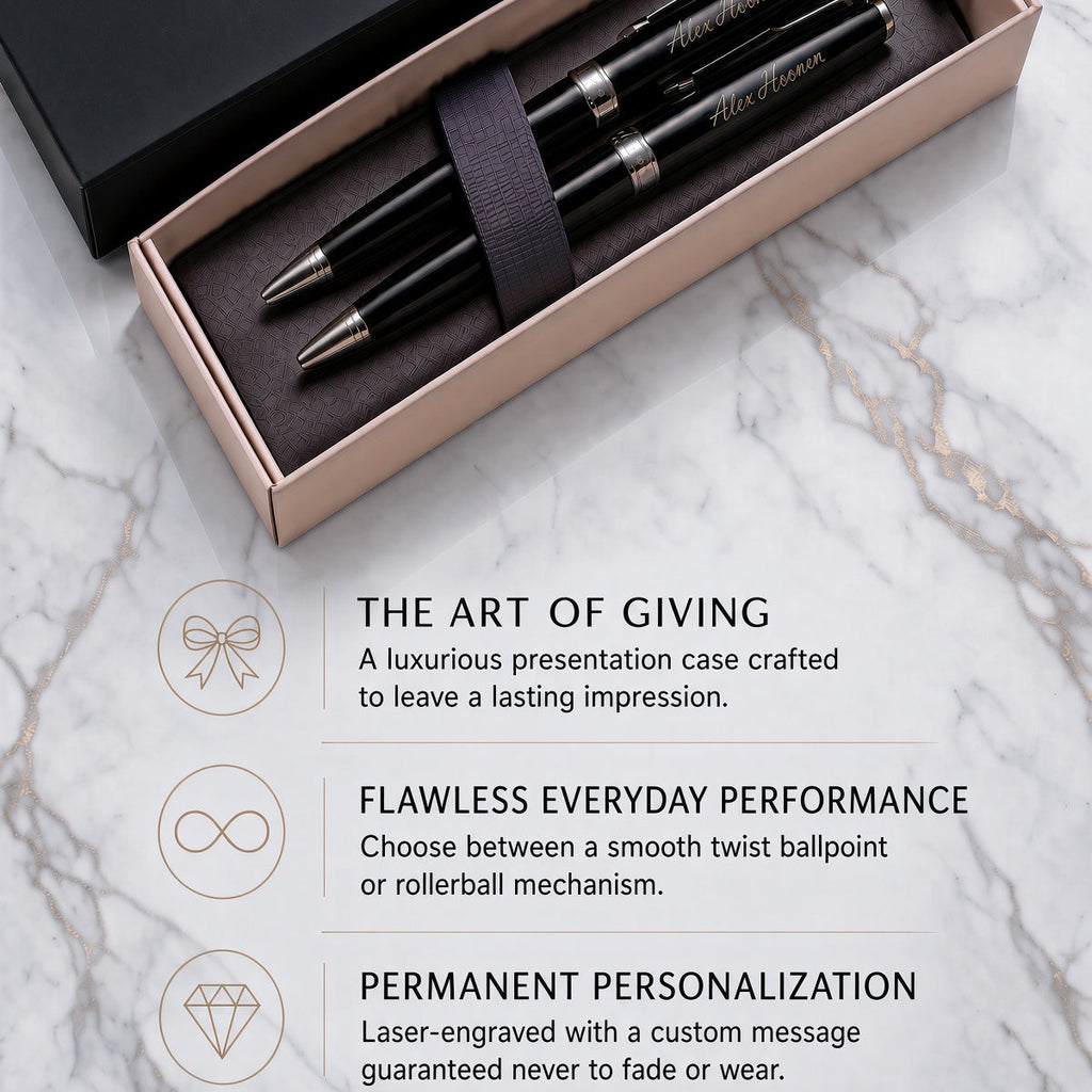 Parker personalized ballpoint pen set in a luxury presentation box on a marble background, with descriptive text below highlighting features.