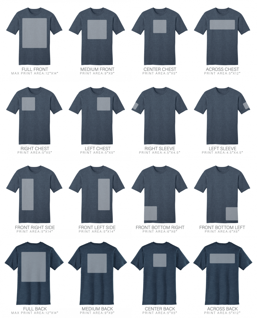 A 4x4 grid showing front and back print area diagrams for a navy blue short-sleeve T-shirt, with each shirt labeled for chest, sleeve, and back print locations and measurements.