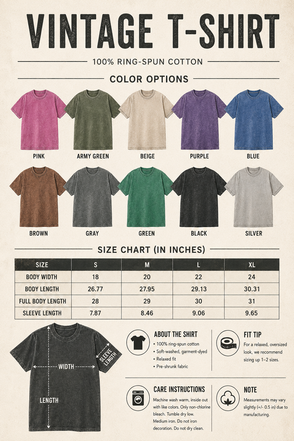 Vintage-style t-shirt color options chart and size guide for 100% ring-spun cotton. The graphic shows multiple shirt color swatches labeled pink, army green, beige, purple, blue, brown, gray, green, black, and silver, plus a size chart table with body width, body length, and sleeve length for sizes S, M, and XL.