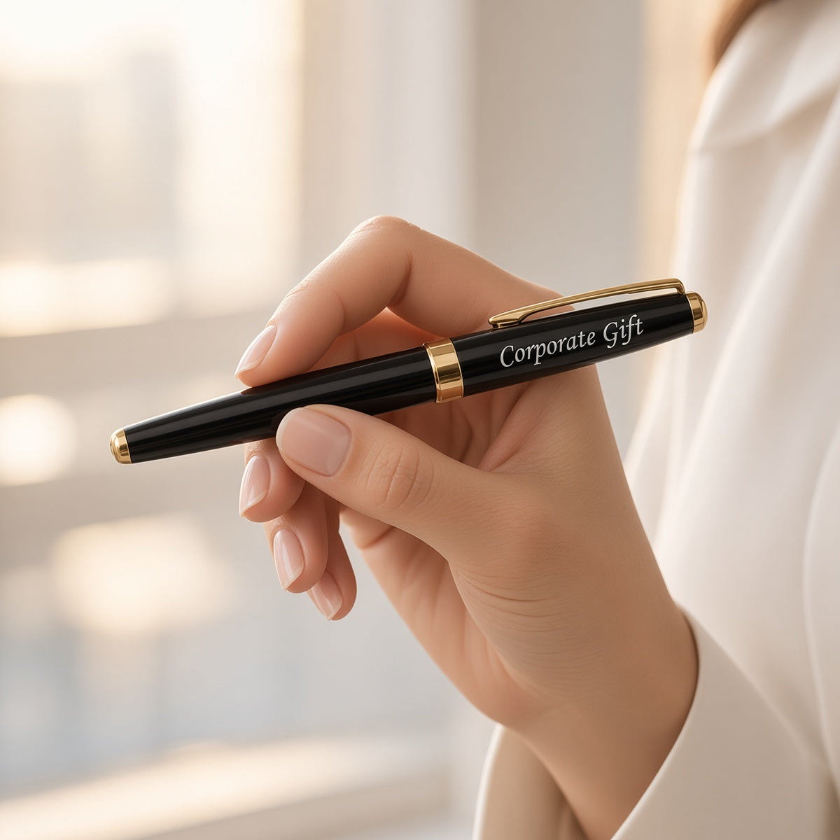 A close-up of a hand holding a black pen with gold trim and the words 'Corporate Gift' printed on the barrel, with a softly blurred indoor background and part of a person's white sleeve visible.