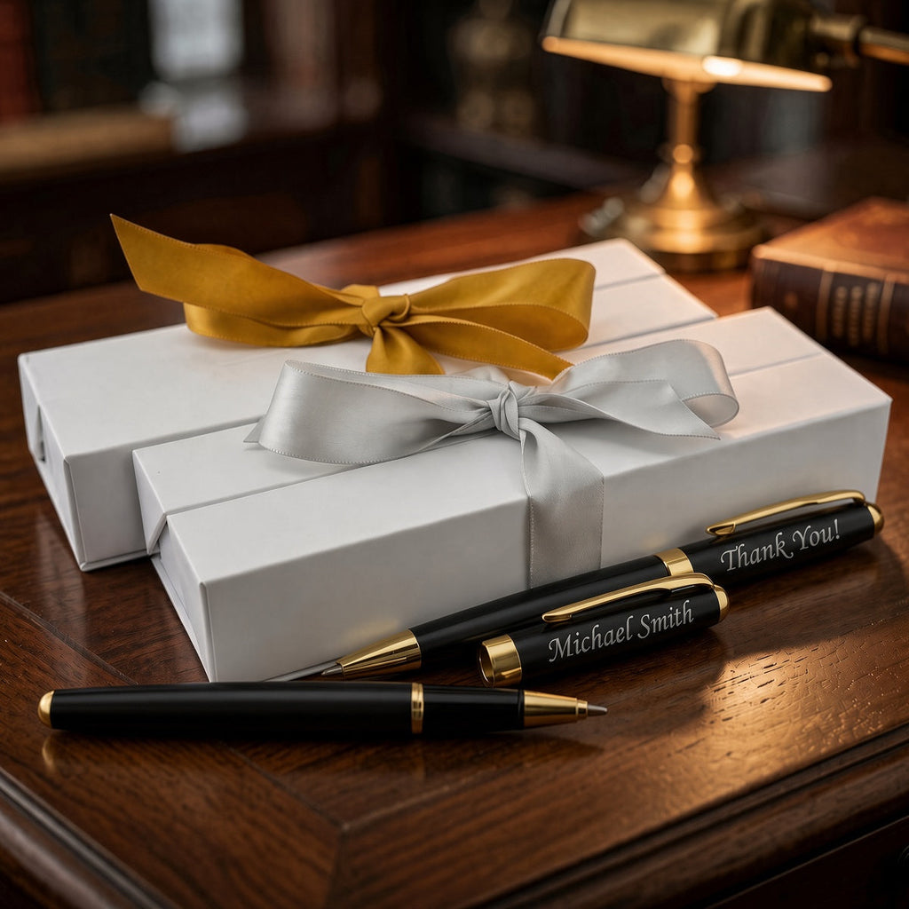 A personalized black and gold pen set with engraved names 'Michael Smith' and 'Thank You!' resting on a dark wooden desk next to a white gift box tied with a gold and white ribbon.