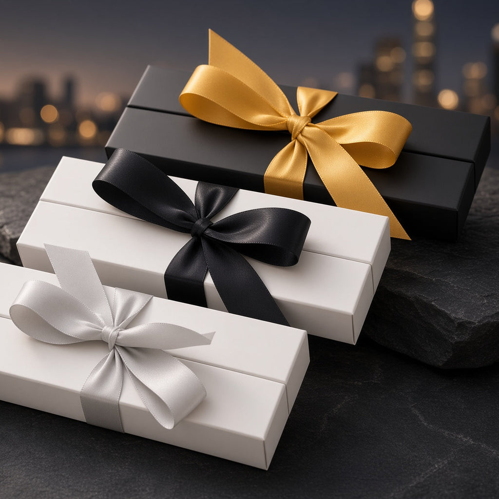 Three rectangular gift boxes wrapped in white, black, and gold satin ribbon, arranged on dark stones with a blurred city skyline at dusk in the background.