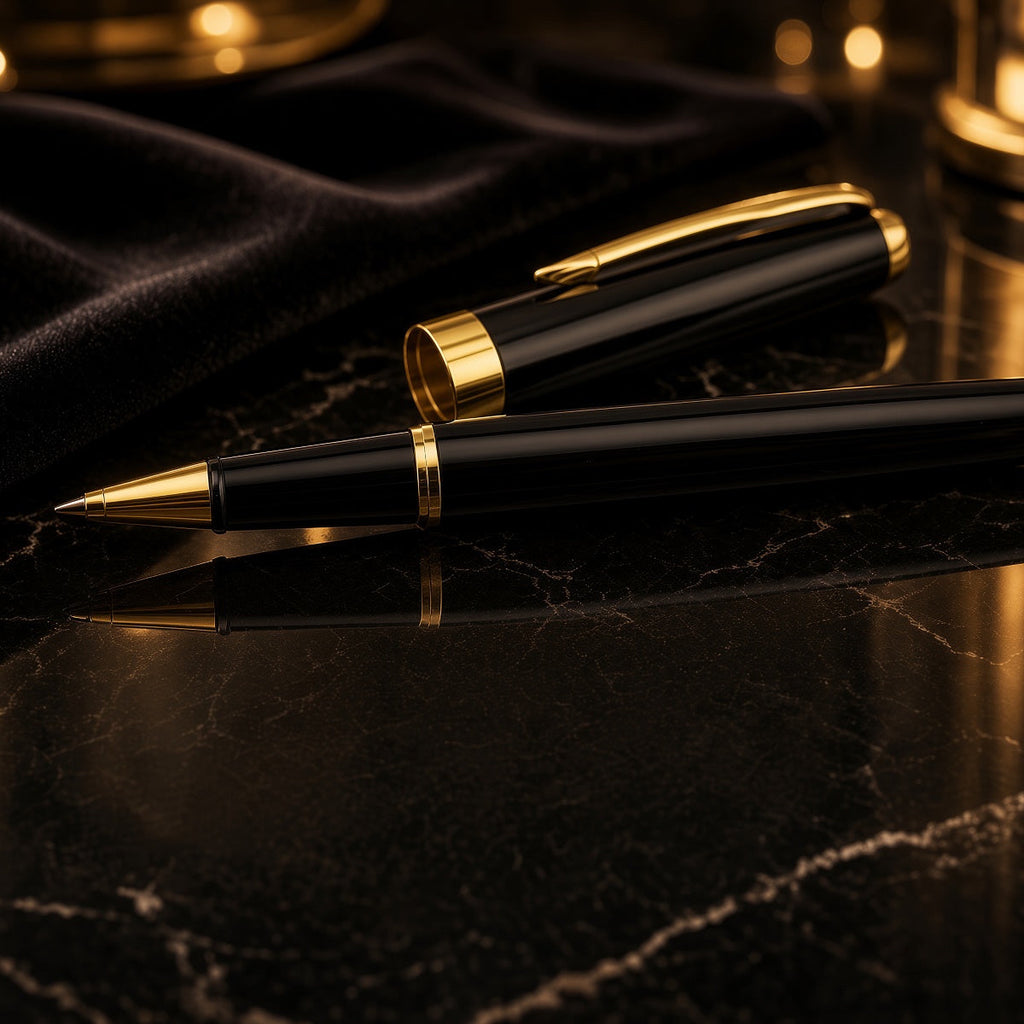 Two black and gold ballpoint pens arranged on a glossy black marble surface with a draped black velvet cloth in the background.