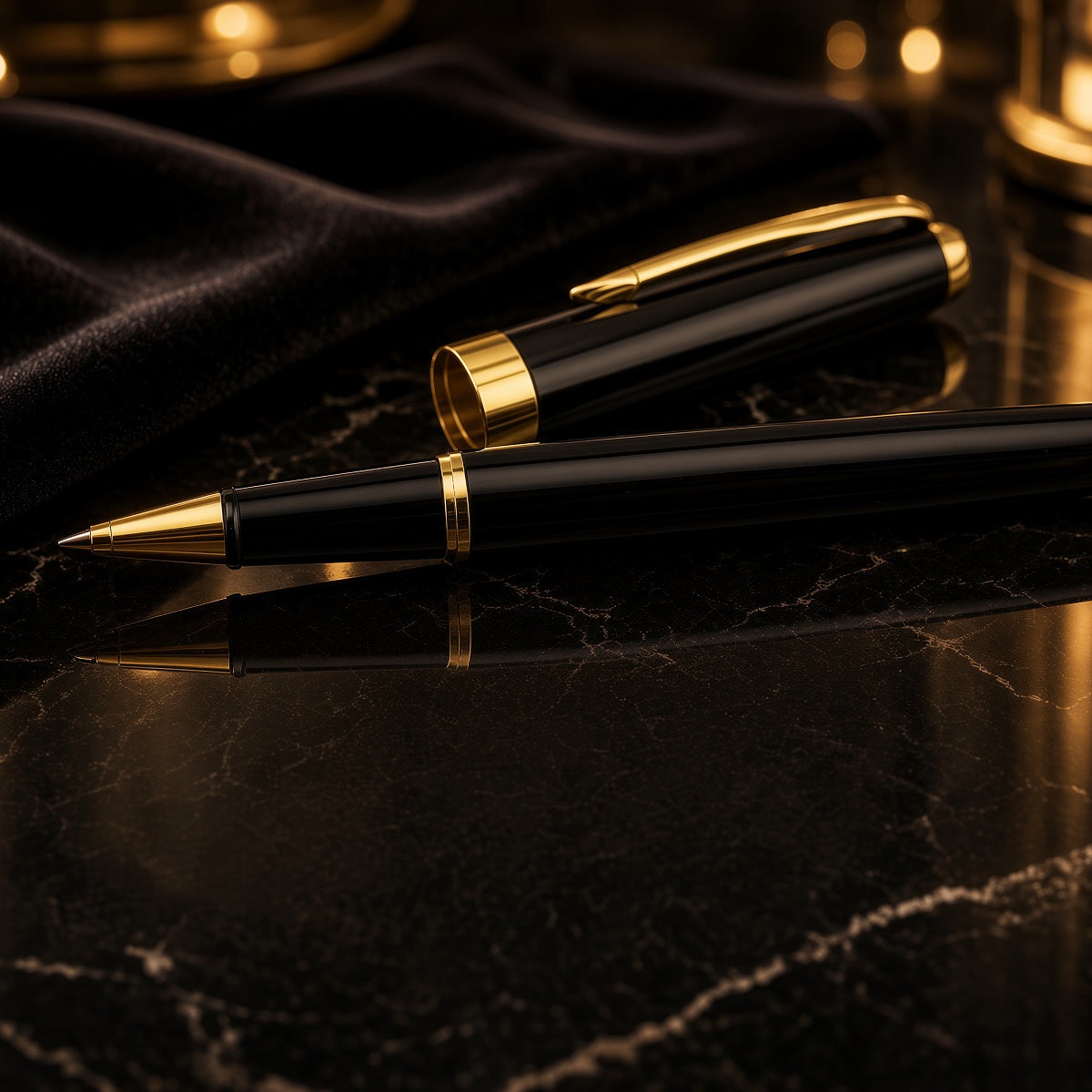 Two black and gold ballpoint pens arranged on a glossy black marble surface with a draped black velvet cloth in the background.