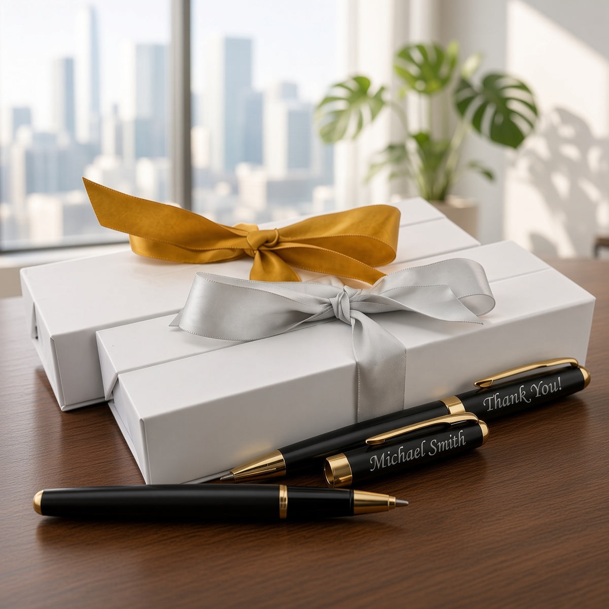 A styled gift scene on a wooden table with two white rectangular boxes tied with a gold and white ribbon, alongside two black personalized pens with gold trim and the text 'Michael Smith' and 'Thank You!'. A blurred city skyline and indoor plant are visible in the background.