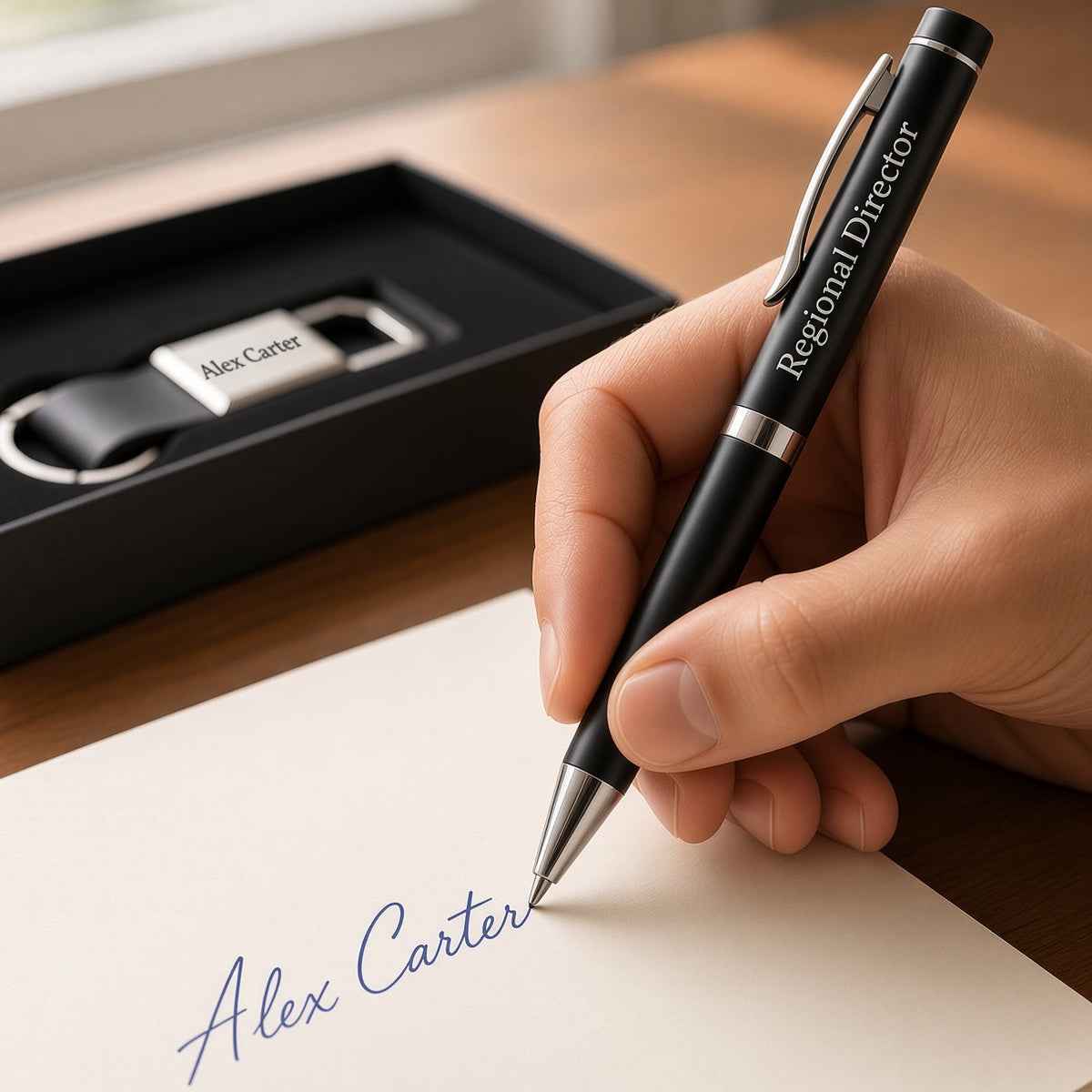 A hand holds a black personalized ballpoint pen with silver trim, writing 'Alex Carter' in blue ink on a white sheet of paper. The pen has 'Regional Director' printed on it.
