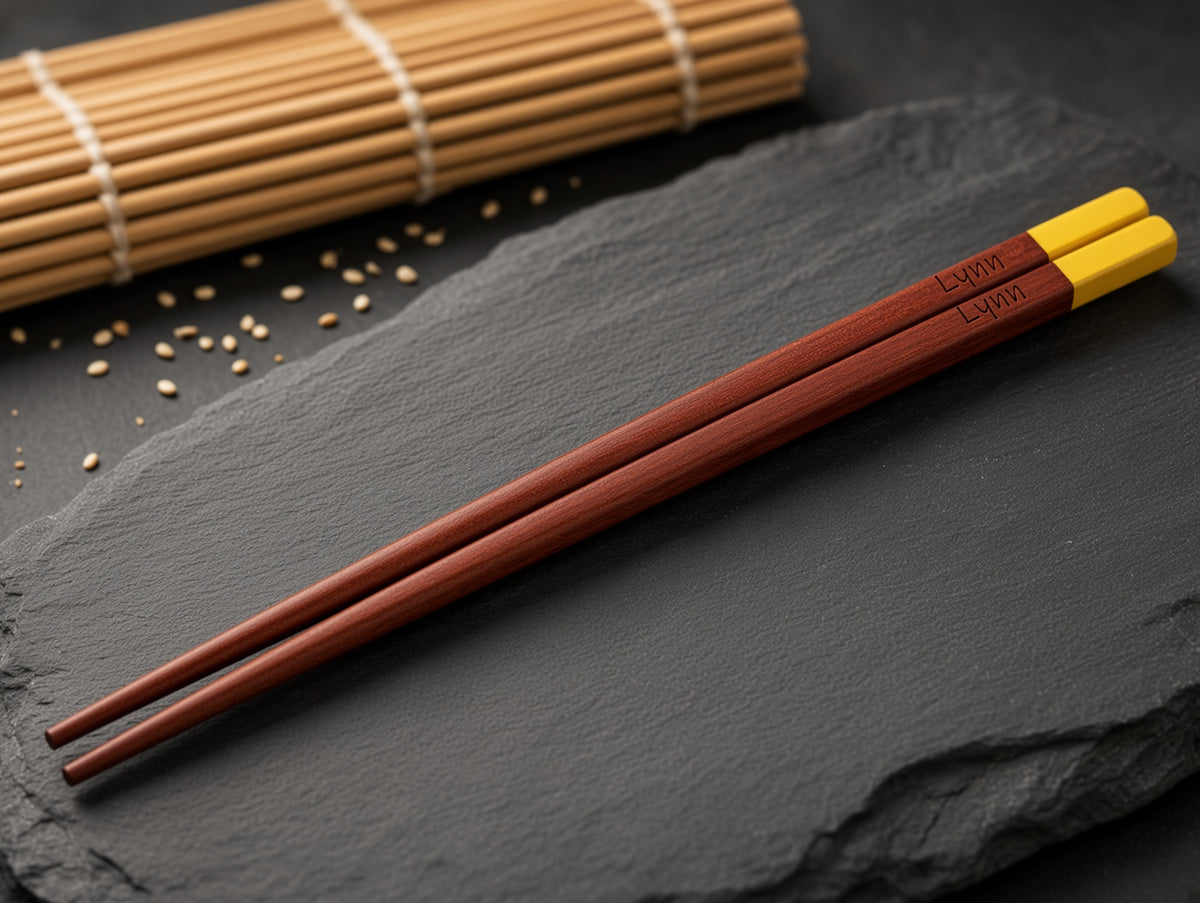 A pair of wooden chopsticks with a reddish-brown finish and bright yellow tips, resting on a dark slate plate. The chopsticks have engraved characters near the yellow tips.
