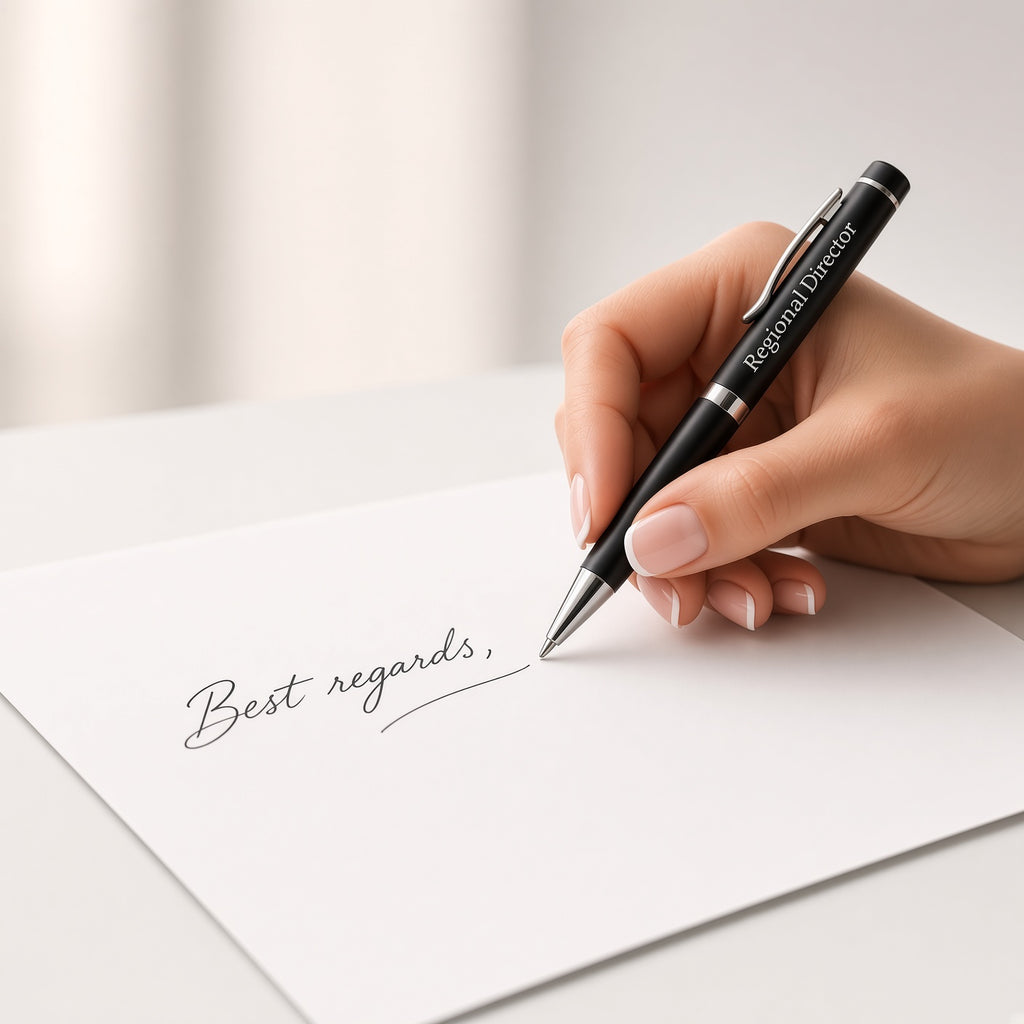 A hand with manicured nails holds a black ballpoint pen with silver accents, writing 'Best regards,' on a white sheet of paper. The pen is printed with the text 'Regional Director'.