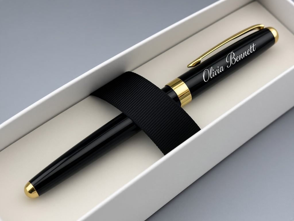 A personalized black ballpoint pen with gold trim and the name 'Olivia Bennett' written on the barrel, presented inside a white gift box with a black ribbon.