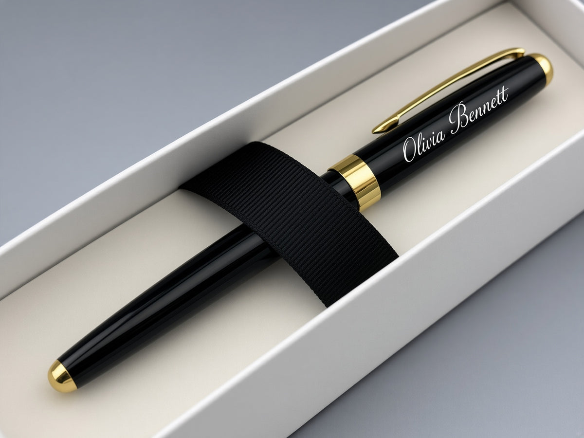 A personalized black ballpoint pen with gold trim and the name 'Olivia Bennett' written on the barrel, presented inside a white gift box with a black ribbon.