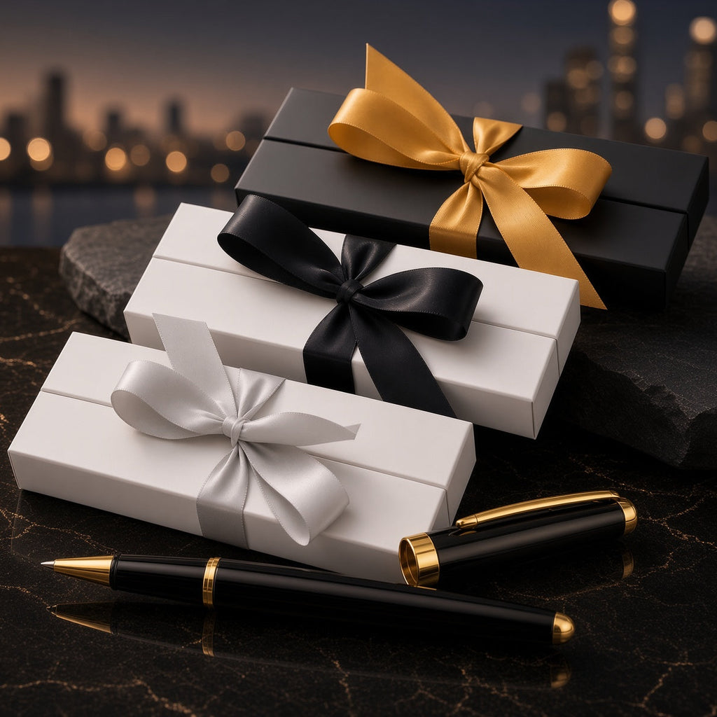 Three gift boxes in white, black, and black with gold, silver, and gold ribbons, arranged on a dark marble surface with a blurred city skyline at night in the background. A black and gold pen lies in front of the boxes.