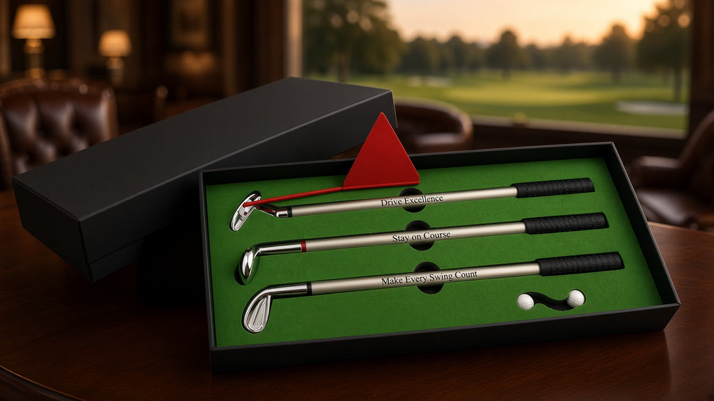 A boxed set of three golf clubs displayed in an open black presentation box with a green insert. The clubs have silver shafts, black grips, and engraved text.