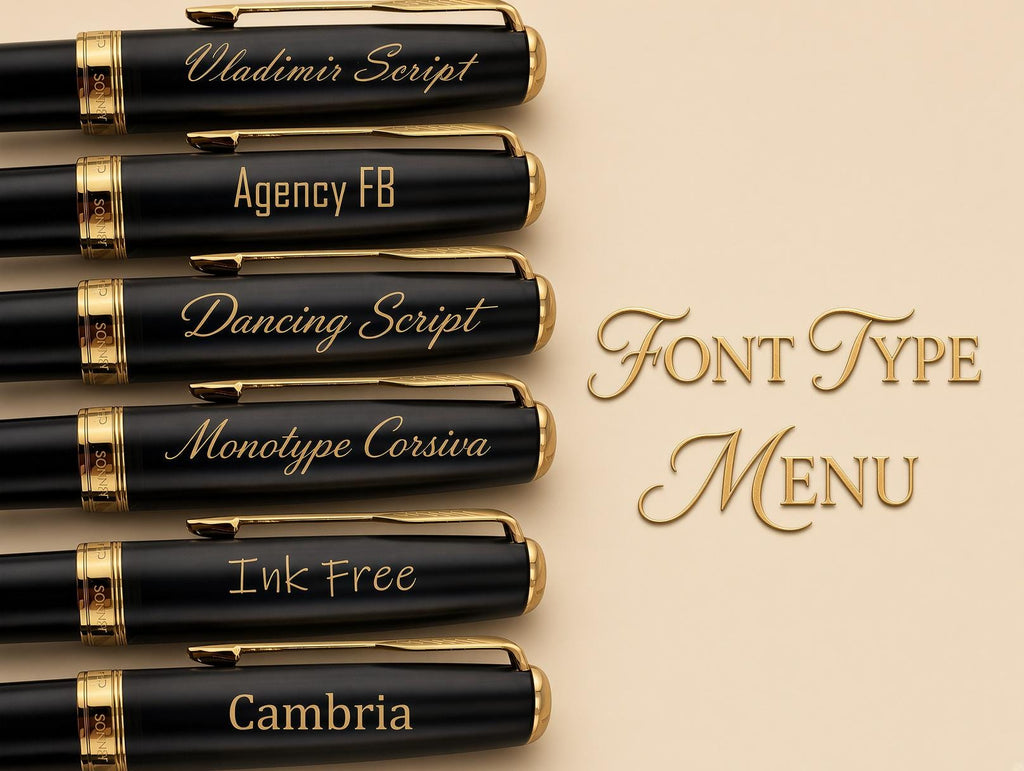 Six black fountain pens with gold trim are arranged vertically on a beige background, each labeled with a font name: Vladimir Script, Agency FB, Dancing Script, Monotype Corsiva, Ink Free, and Cambria. To the right, gold script text reads 'FONT TYPE MENU'.