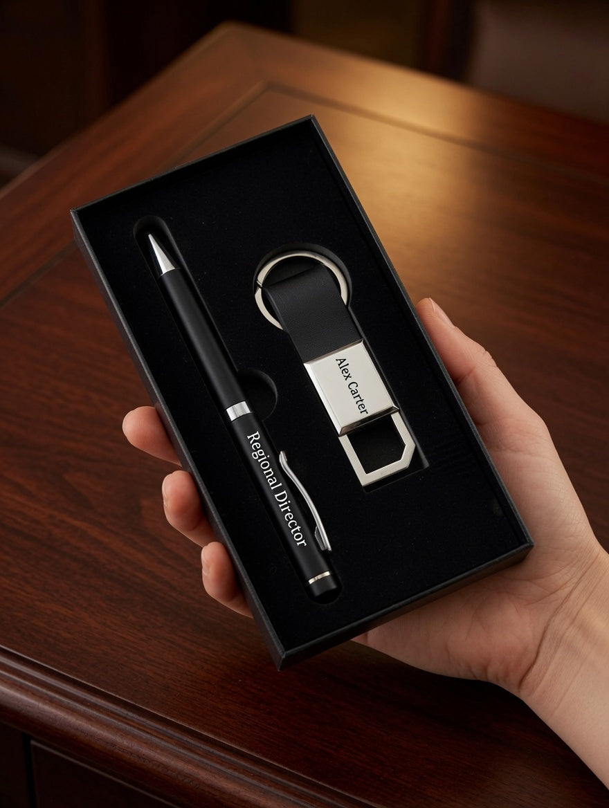 A hand holds an open black presentation box containing a black pen and a black-and-silver keychain with a custom-engraved nameplate, set against a warm brown wooden table background.