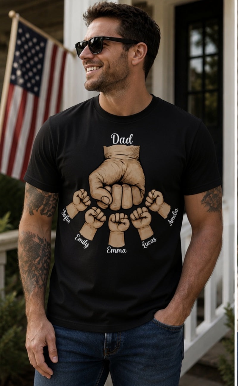 Custom Dad Fist Bump t-shirt personalized with kids' names. Each fist represents a child. DTF printed in Texas. The Father's Day gift he'll treasure.