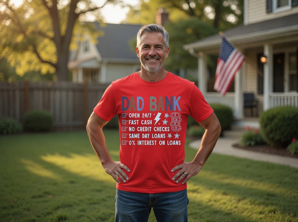 Dad Bank funny t-shirt — Open 24/7, Fast Cash, No Credit Checks. Retro vintage design, DTF printed in Texas. The Father's Day gift that gets a laugh.
