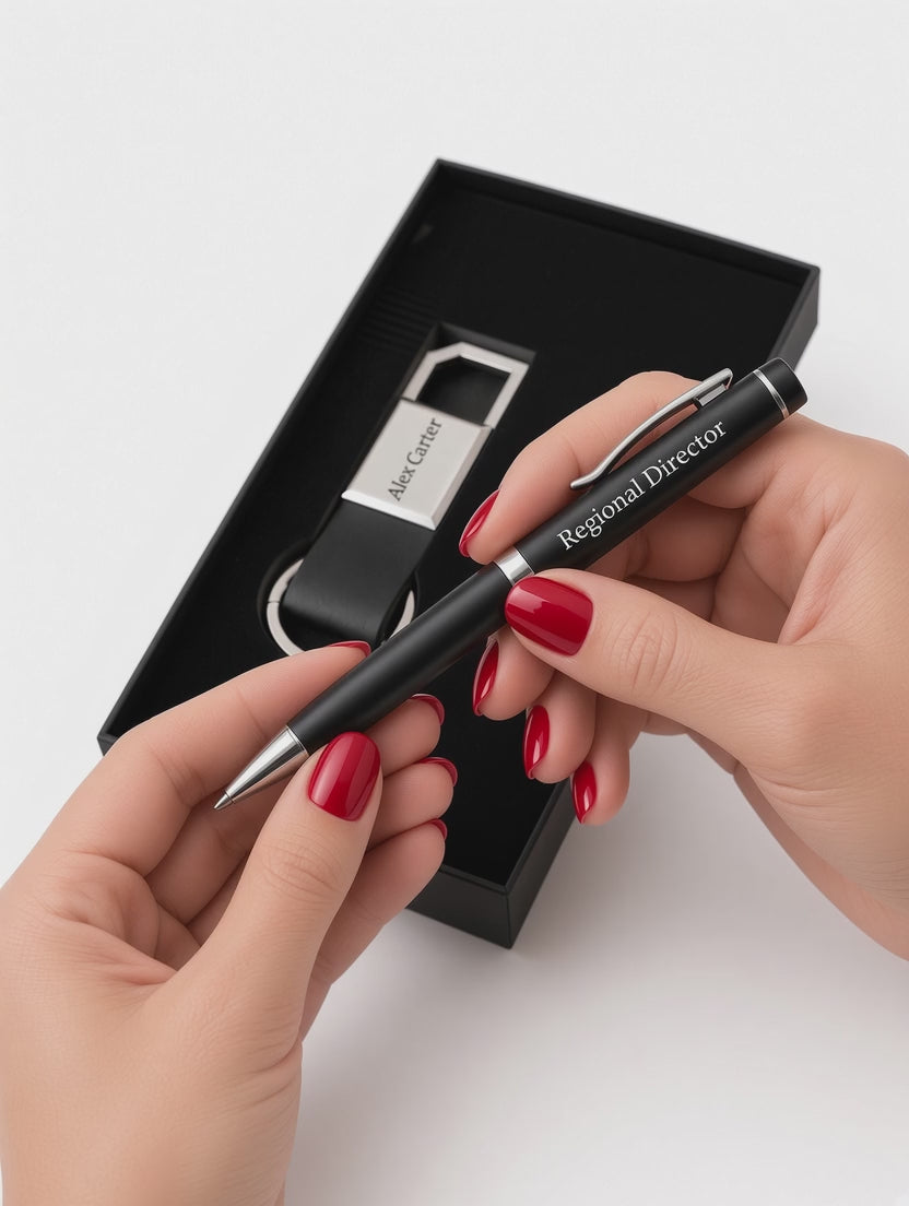 Personalized pen & KEYCHAIN GIFT SET - Engraved Leather Keychain + Metal Pen, Custom Gift Box